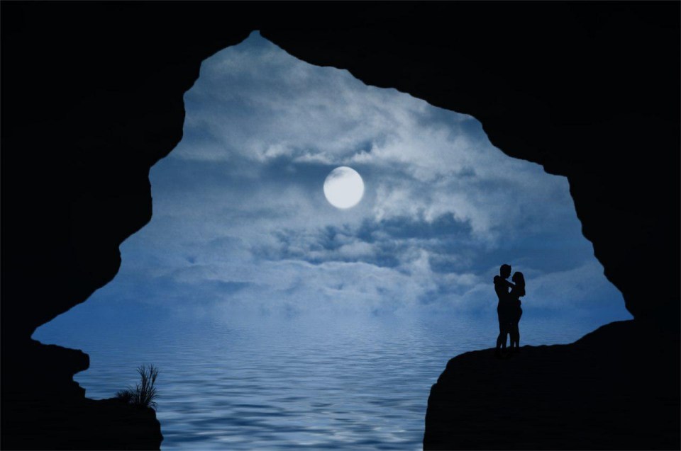 cave, silhouette, couple